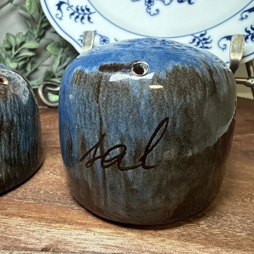 Spanish Studio Pottery SAL PEBRE Salt Pepper Shakers Blue Drip Glaze Vintage